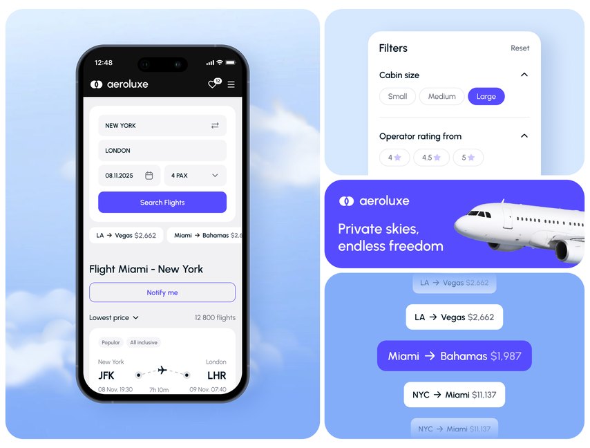 Aeroluxe private jet booking concept
