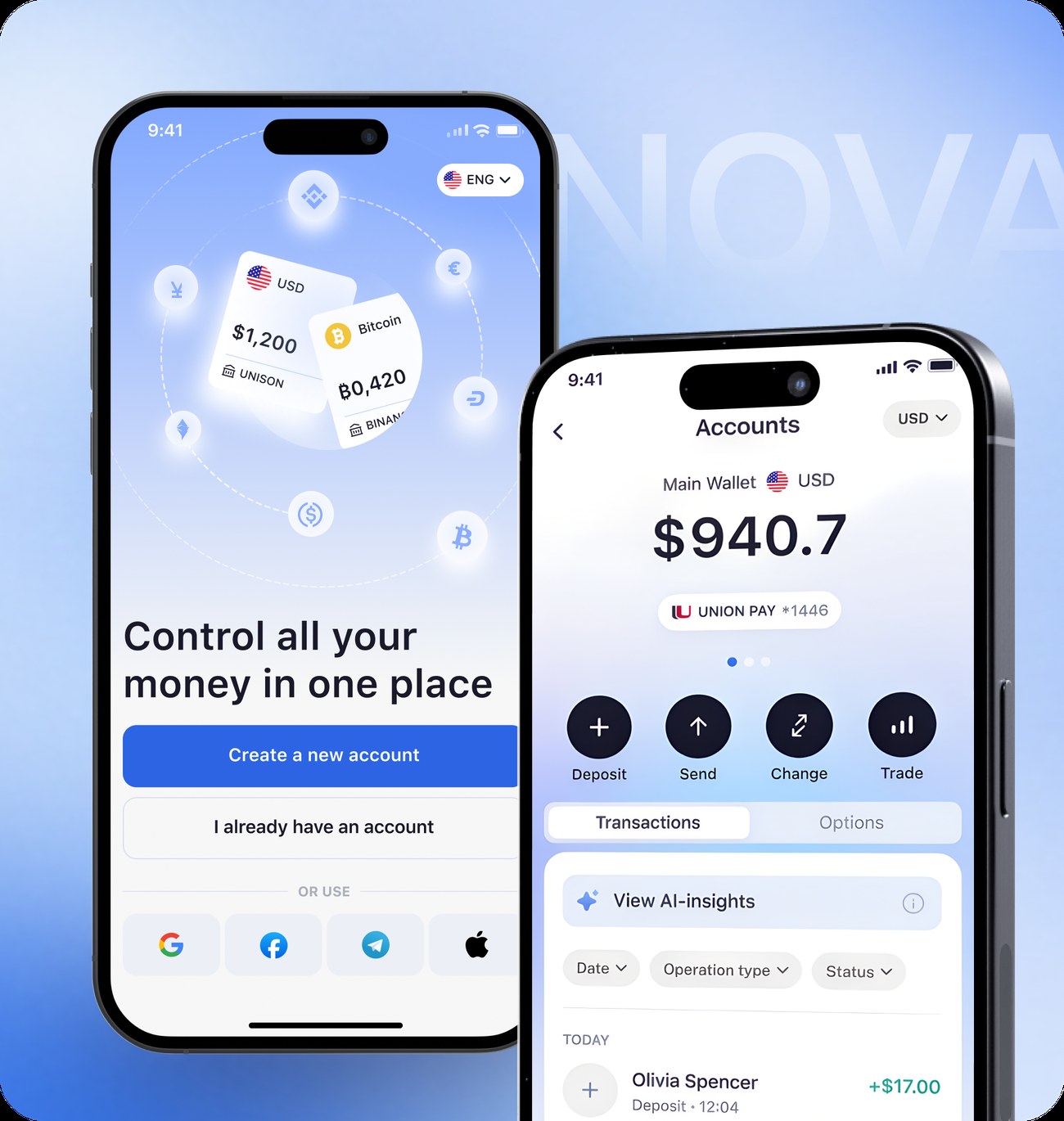 Nova banking app screens on two phones