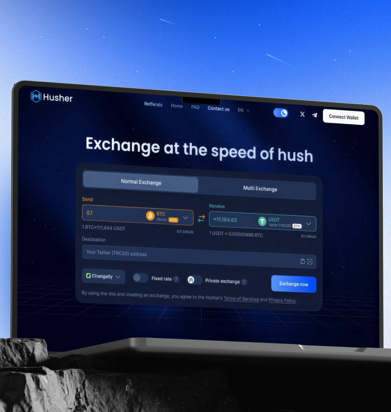 Husher crypto exchange platform on a laptop